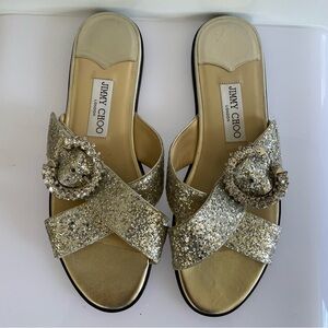 Jimmy Choo Marle Coarse Glitter Sandals Crystal Buckles